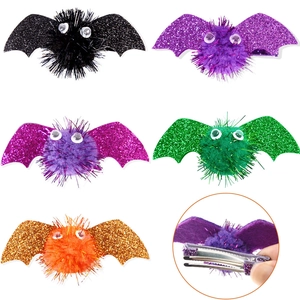 Five pairs of colorful glitter bat hair clips with plush balls for Halloween hair accessories