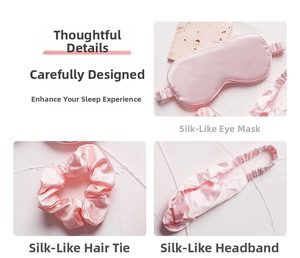 Pink faux silk sleep set featuring detailed view of eye mask, scrunchie and headband