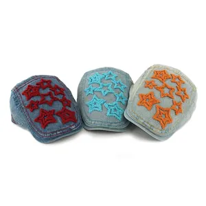Three-piece set of denim flat caps with colorful star embroidery in washed blue finish