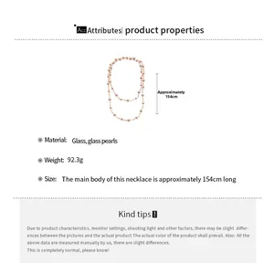 Detail view of 154cm French style glass pearl layered necklace with material specs