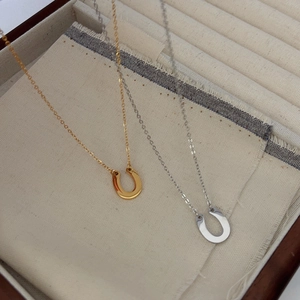Close-up of gold and silver U-shaped horseshoe necklaces displayed on a jewelry box pad