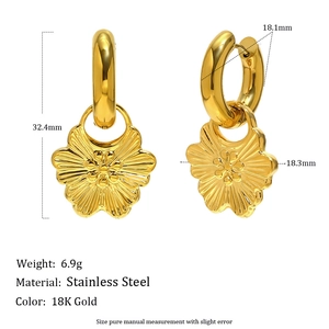 18K gold plated stainless steel flower drop earrings with size measurement labels