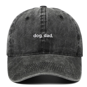 Front view of charcoal grey washed cotton baseball cap with white dog dad embroidery