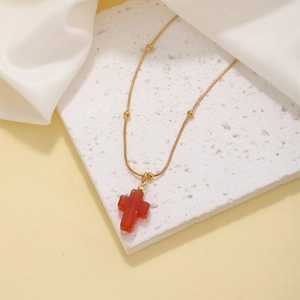 Cross necklace with red carnelian stone pendant and golden beaded snake chain jewelry