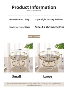 Size chart for iron and glass fruit trays in small and large dimensions for home storage