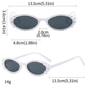 Size chart for oval pearl sunglasses showing width, frame height, and bridge dimensions