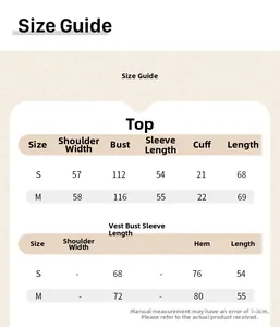 Size guide for women's two-piece sun protection top and tank set with measurements