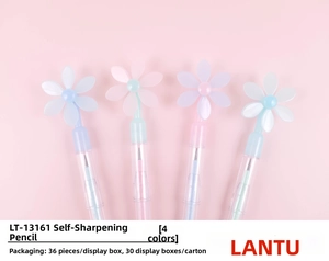 Row of flower-topped non-sharpening pencils in pastel blue, pink, purple, and mint colors