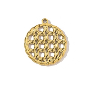 Detailed macro view of golden geometric clover pendant with woven frame and mesh center