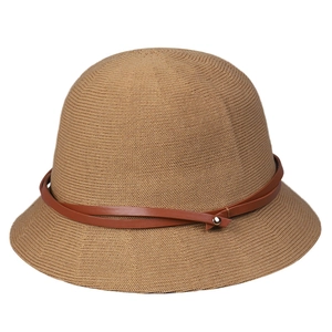 Caramel knitted bucket hat with faux leather strap and metal rivet for summer sun protection