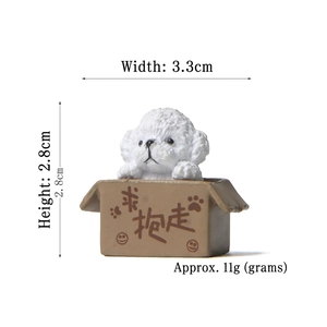 Close-up of white miniature poodle figurine in a small cardboard box base