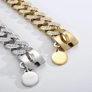 Gold and silver 18K plated stainless steel cuban chain dog collars with rhinestones