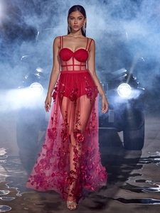 Red sexy sheer mesh evening gown with floral embroidery and cut-out waist detail