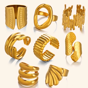 Eight-piece set of chunky gold geometric titanium steel rings with minimalist bold designs