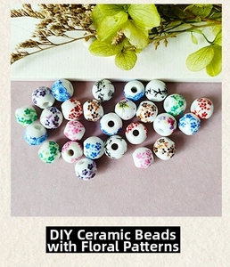 Flat lay of mixed 10mm ceramic floral beads for DIY jewelry making and crafts