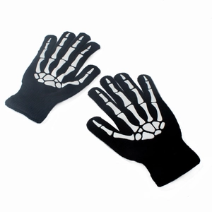 Adult black knitted gloves with white skeleton bone pattern for Halloween costumes