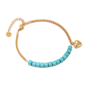 Bohemian gold plated chain bracelet with blue turquoise cubes and a solid heart charm