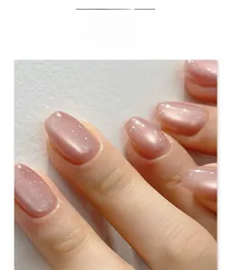 Détails de faux ongles trapèze courts avec finition pailletée œil de chat rose