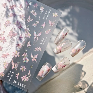 3D Holographic Pink Butterfly Nail Art Stickers Laser Lily Flower Decals Self Adhesive Manicure Decor Elegant Minimalist