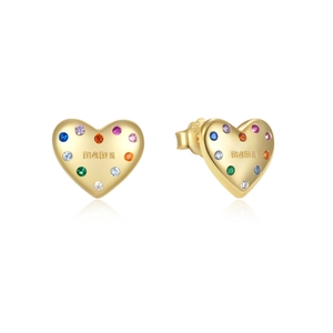 Detailed view of S925 silver gold heart stud earrings with multi-color zircon and MAMA text