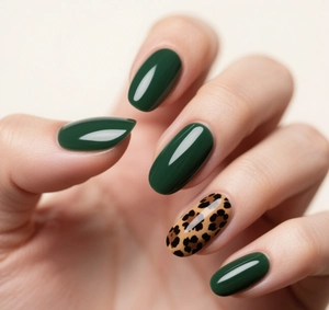 Primo piano di unghie ovali corte verde scuro e maculate su sfondo beige neutro