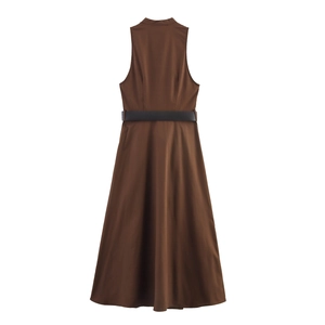 Back view detail of a dark brown sleeveless dress with a slim black belt and A-line cut