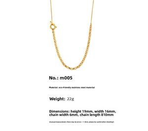 Detail of gold plated stainless steel sweater chain with geometric OT toggle clasp