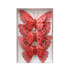 Three-piece set of red sequined butterfly clips for Christmas tree and hair decoration