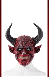 Close-up of red demon mask featuring detailed black horns and textured latex skin finish