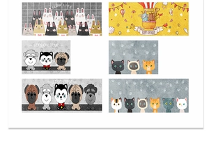 Detailed grid view of long kitchen mats with various cartoon animal designs and colors