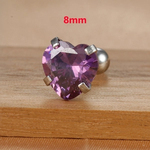 Macro shot of 8mm purple heart-shaped zircon stud earring with polished titanium steel post