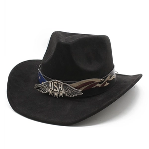 Western Cowboy Hat Faux Suede Vintage Wide Brim With USA Eagle Wings Metal Badge For Men Women Outdoor