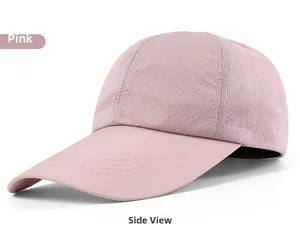 Detailed side view of pink quick-dry sports cap featuring breathable laser-cut holes and mesh