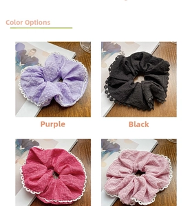 Lace-edged scrunchies shown in purple, black, rose red, and pink colors on wooden table