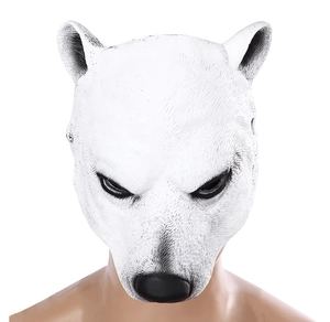 Detailed close-up of 3D polar bear mask with realistic white fur texture and black details