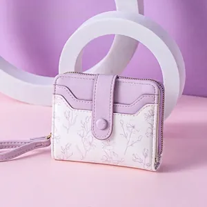 Floral Print Women Wallet PU Leather Bifold Clutch With Wristlet Multi Card Slots Romantic National Style Purse