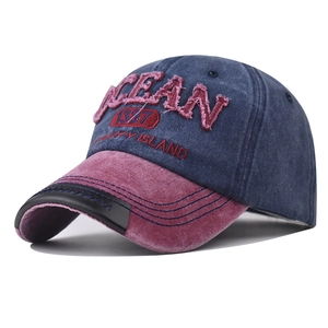 Vintage washed cotton baseball cap with ocean embroidery and contrast burgundy brim