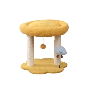 Arbre à chat jaune avec base en fleur, griffoirs en sisal et panier supérieur en peluche