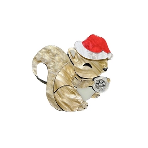 Creative squirrel acrylic brooch with red Christmas hat and marble texture on white background