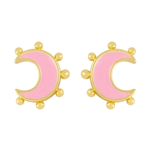 Chic 18K gold plated pink enamel crescent moon stud earrings with gold bead accents