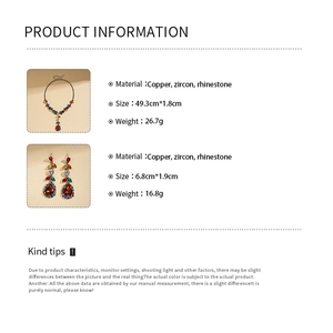 Detailed jewelry specifications for leaf and teardrop zircon necklace and earrings set