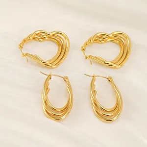 18K Gold Plated Stainless Steel Hoop Earrings For Women Multi Layered Heart Shaped Oval Trendy Non-Tarnish Jewelry