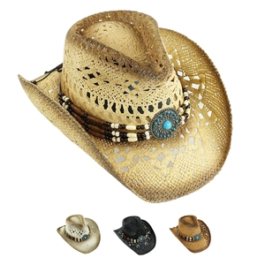 Vintage western straw sun hat with hollow texture and turquoise bead band details
