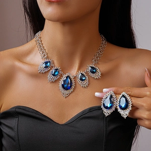 Vintage Water Drop Blue Rhinestone Jewelry Necklace And Earrings Alloy With Silver Earring Post For Women Elegant