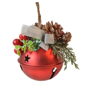 Christmas star cut-out red bell with pine cones, berries, and silver bow ornament