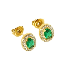 Elegant gold-plated oval stud earrings with emerald zircon and halo crystal settings