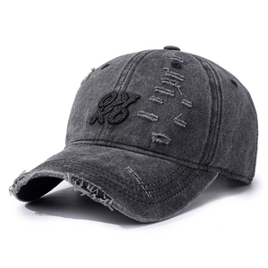 Distressed vintage dark grey baseball cap with RS embroidery and ripped detailing
