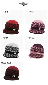 Close-up of winter knit hats with diamond patterns and rhinestone bow decorations
