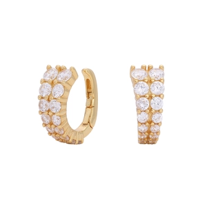 Detail view of gold S925 silver hoop earrings with double-row white zircon stones