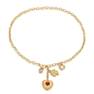 Gold-tone titanium steel necklace with red gemstone heart and pearl charms